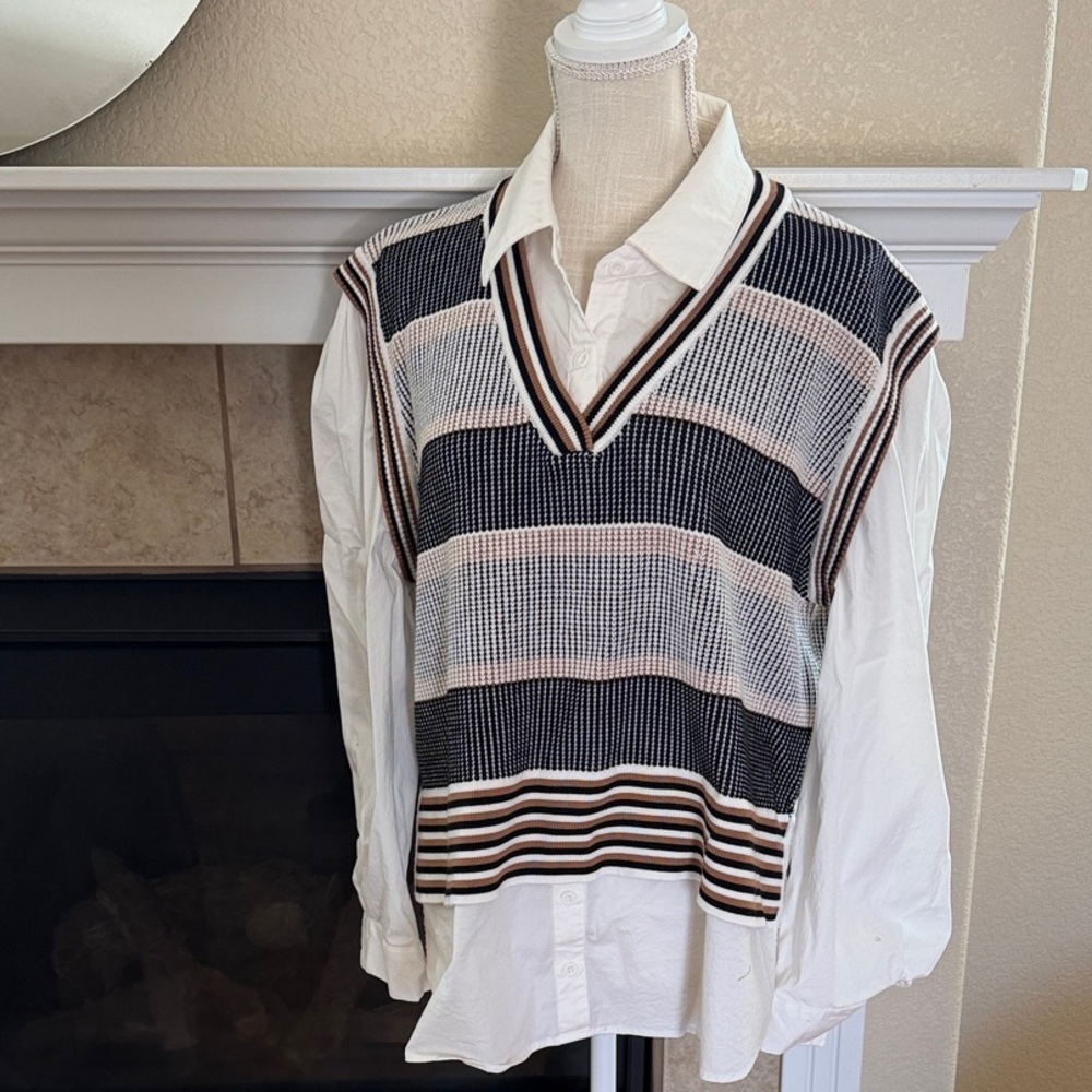 Adrianna Papell Black, Cream & Tan Striped V-Neck Sweater Vest one piece